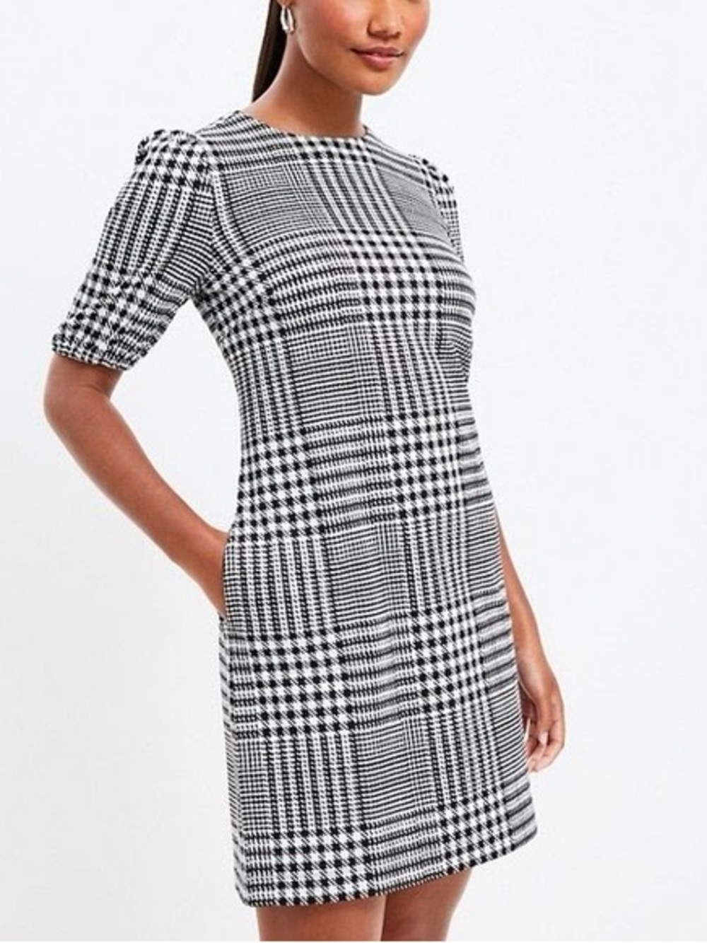 LOFT Black and White Plaid Shift Dress Puff Sleeve NWT